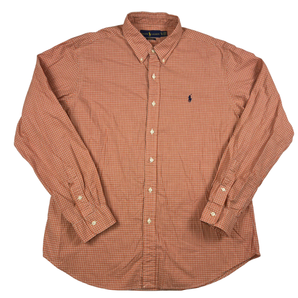 Polo Ralph Lauren Shirt Mens XL Custom Fit Orange Plaid Button Down Logo